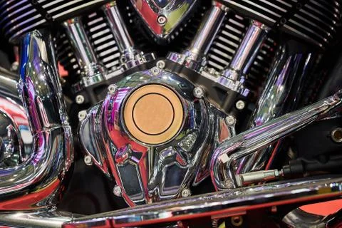 The powerful engine of a modern motorcycle closeup. The layout of the motor Stock Photos