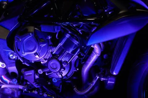 The powerful engine of a modern motorcycle closeup. The layout of the motor Stock Photos