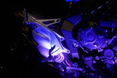 The powerful engine of a modern motorcycle closeup. The layout of the motor Stock Photos