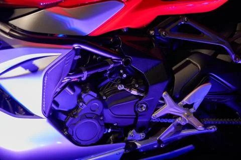 The powerful engine of a modern motorcycle closeup. The layout of the motor Stock-Fotos