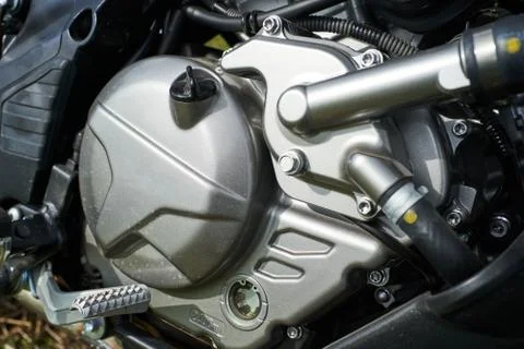 The powerful engine of a modern motorcycle closeup. The layout of the motor Stock-Fotos