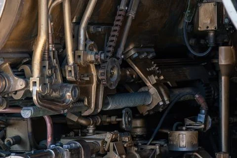 The powerful engine of a train. Engine interior design. train engine part. Stock-Fotos