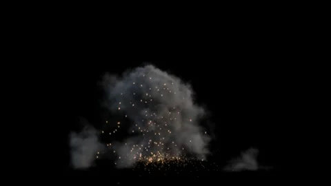 Powerful explosion with bright orange sparks and dense grey smoke rising into th Stock Footage 335667179