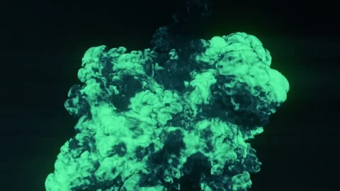 A powerful explosion of green neon flames and toxic smoke on a black background Видео 330895942