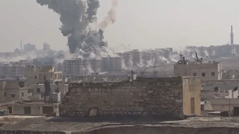 A powerful explosion in the quarter of eastern Aleppo Stock Footage 169239185