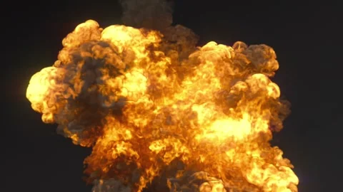 Powerful explosion of realistic fire and thick smoke against a black background Stock Footage 329609277