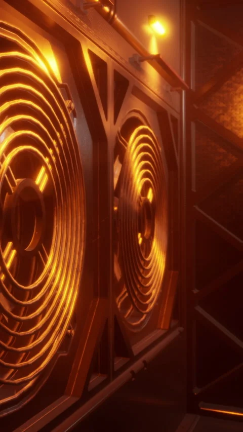 Powerful fans spinning in a dim space during a tech event in the evening Stock Footage 337925518