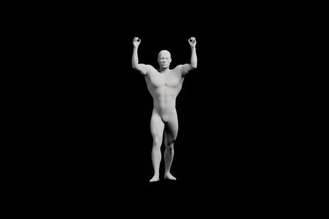 Powerful figure model with arms raised in black studio Stock Illustration
