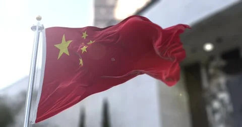 Powerful Five-Star Red Flag of China Waving for Global Business and Trade Theme. Vidéo 327113098