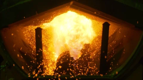 Powerful flame in boiler room, intense heat, high temperature, coal burning, ash Stock Footage 120063645