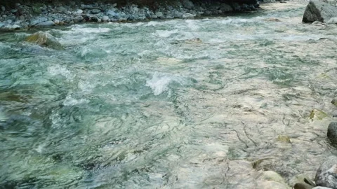 The powerful flow of a mountain river rushing by in slow motion Stock Footage 237080612