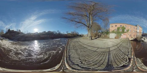 Powerful Flowing River Downtown - 360 VR Stock Footage 104577012
