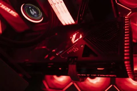 Powerful gaming computer with red lighting showing high performance Stock Photos