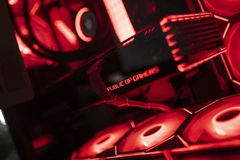 Powerful gaming computer with red lights and asus rog graphics card Stock Photos
