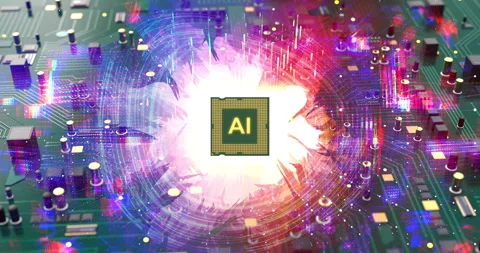 Powerful GPU chip with AI text and glowing light effects. Stockbeeldmateriaal 337189671