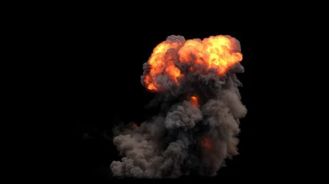 Powerful ground explosion with glowing core and intense orange flames on black Stock Illustration