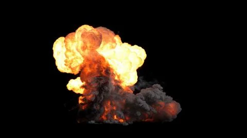 Powerful ground explosion rises with brilliant orange and yellow flames on black Stock Illustration