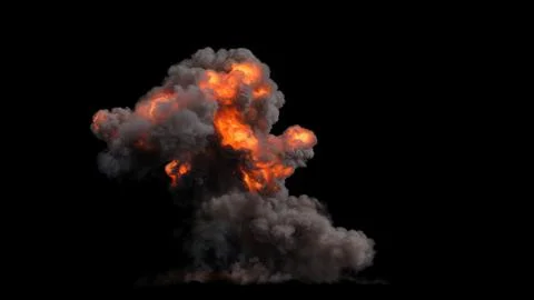 Powerful ground explosion rises with orange flames and glowing core with smoke Stock Illustration