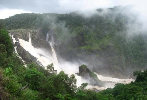 Powerful Ground-Level View of Barron Falls in Tropical Rainforest Stock Photos