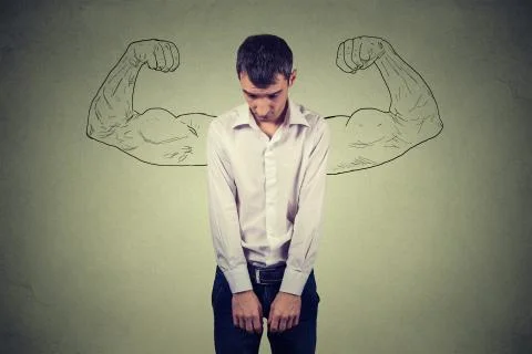 Powerful guy reality vs ambition wishful thinking concept. Sad man looking do Stock Photos