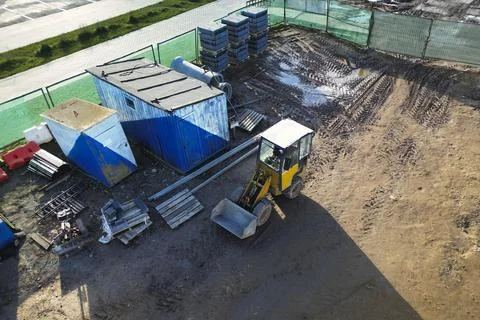 Powerful heavy loader or dozer. view from above. drone photography. Earthwork Photos