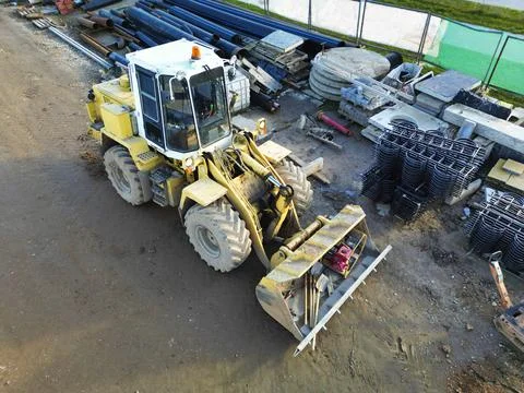 Powerful heavy loader or dozer. view from above. drone photography. Earthwork Stock Photos