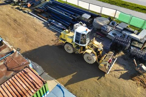 Powerful heavy loader or dozer. view from above. drone photography. Earthwork Stock Photos