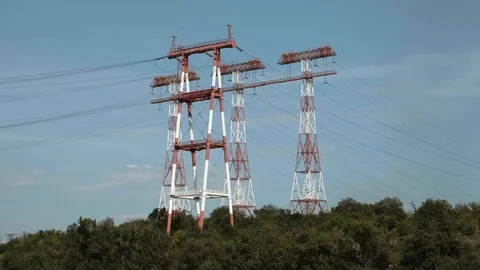 Powerful high voltage power lines. Stock Footage 121054906