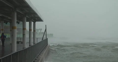 Powerful Hurricane Winds Lash City Waterfront Stock Footage 79556958