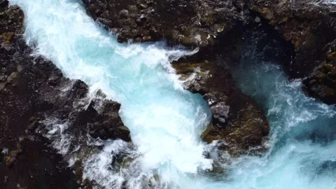 Powerful Icelandic Waterfall Massive Cascade Turquoise Pool Stock Footage 329440523