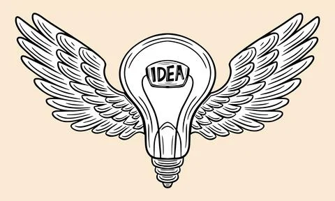 Powerful idea, bulb with wings, flying innovation, creative hand drawn vector Stock-Illustration