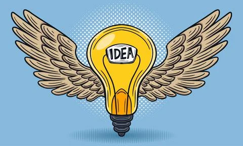 Powerful idea, bulb with wings, flying innovation, creative hand drawn vector Stock Illustration