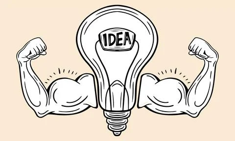 Powerful idea, strong innovation, creativity, bulb with strong arms  hand drawn  Illustrazione stock