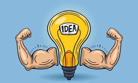 Powerful idea, strong innovation, creativity, bulb with strong arms hand dr.. Stock Illustration
