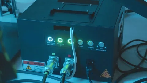 A powerful industrial equipment control unit with many wires and connectors Stock Footage 259687960