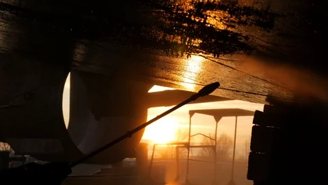 A powerful jet of water flushes the shells from the barge hull Video stock 87545071