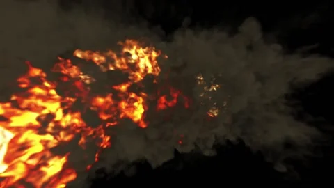 Powerful jets of flame are knocked out from clubs of black smoke. Explosions in Stock Footage 169784138