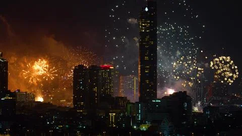 Powerful large-scale grandiose flash lights fireworks sparks explosions in .. Stock Photos