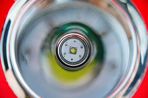 Powerful led light with large reflector. Fragment of lantern. Close up. Concept Stock Photos