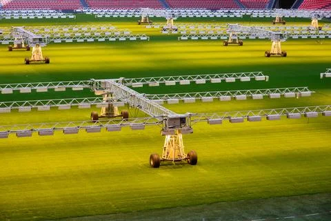 Powerful lighting system nurturing the vibrant green grass of a soccer field Stock Photos