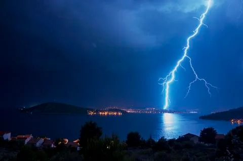 Powerful lightning and flashes over the Adriatic Sea in Croatia Europe Stock Photos