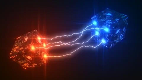 Powerful lightning strikes between cubes and makes cracks on surface of sphere Stock Illustration