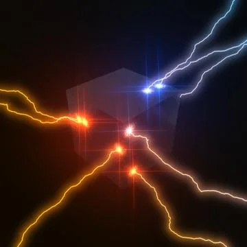 Powerful lightning strikes on cube and makes cracks on surface of sphere. 3d Stock Illustration