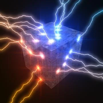 Powerful lightning strikes on cube and makes cracks on surface of sphere. 3d Stock Illustration