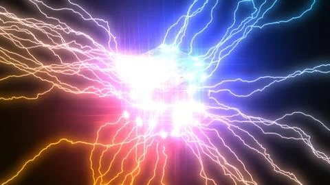 Powerful lightning strikes on cube and makes cracks on surface of sphere. 3d Stock Illustration