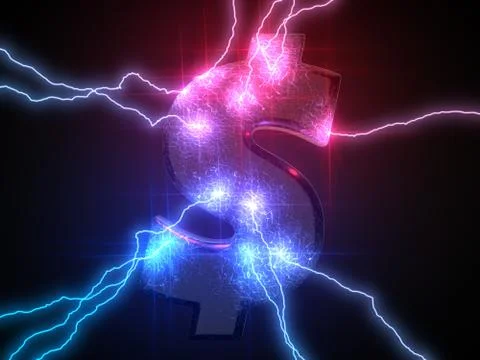 Powerful lightning strikes on dollar symbol and makes cracks on surface of Stock Illustration