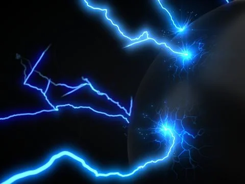 Powerful lightning strikes on sphere and makes cracks on surface of sphere. 3d Stock Illustration