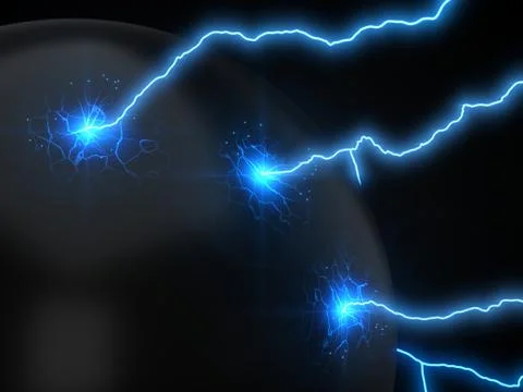 Powerful lightning strikes on sphere and makes cracks on surface of sphere. 3d Stock Illustration