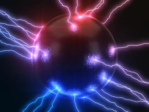 Powerful lightning strikes on sphere and makes cracks on surface of sphere. dual Stock Illustration