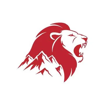 (Powerful Lion Mountain Emblem. Bold red feline head featuring majestic sno.. Stock Illustration